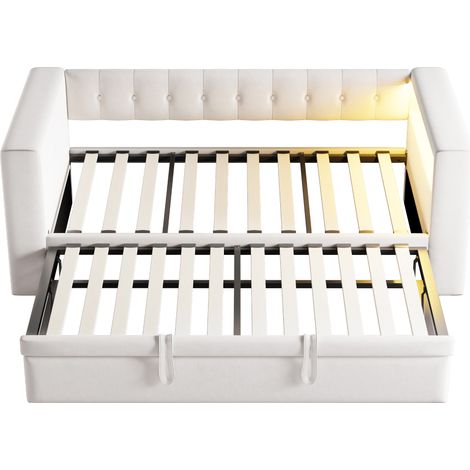 Cama tapizada multifuncional con LED, enchufes y almacenaje, beige, 180 x 190 cm (1/5)