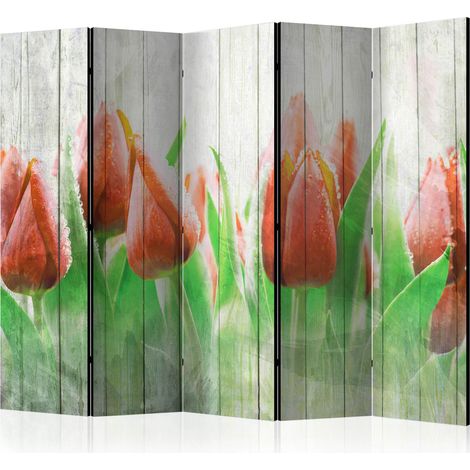 Paravento - Red tulips on wood II [Room Dividers] - 225x172 (1/4)
