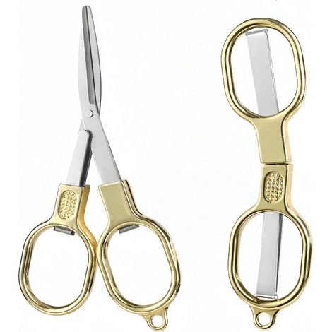 Ciseaux pliants rétro dorés à double cercle, mini ciseaux dorés portables, design compact pour la pêche, les voyages ou l'usage domestique. Léger, lame dorée tranchante, coupe précise. (1/4)