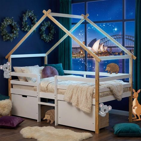 Audreamy Phelix Wooden House Bed White Single for Kids with Storage Drawers Single (1/5)