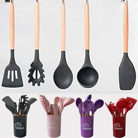 TrAdE Shop Traesio - Set 12 Utensili Da Cucina In Silicone Con Manico Legno Antiaderenti Resistenti - (1/5)