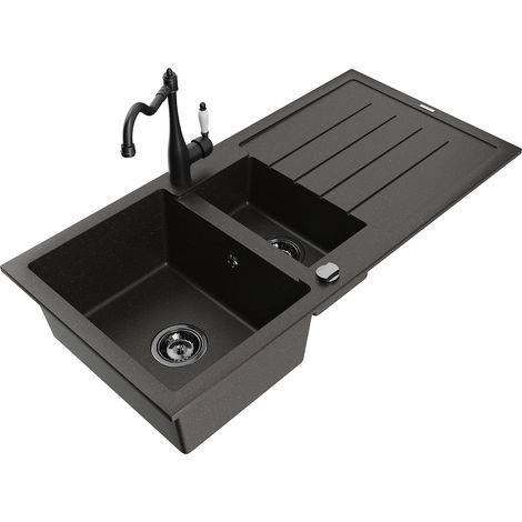 Mexen Andres fregadero de granito de 1,5 cubetas con escurridor y grifo de cocina Carla, negro/dorado - 6515-75-670700-70-B (1/5)