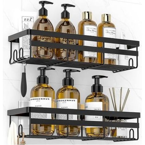 Bathroom Shelf, 2-Piece, Shower Shelf, Shower Storage Cabinet with Hooks (Black) (1/5)
