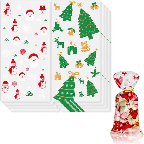 Sac Cellophane Noel - 13 x 27 cm - Imprimé Motifs Festifs - Avec Attache Toronnée En Fil Métallique - Lot De 100 Pièces (1/5)