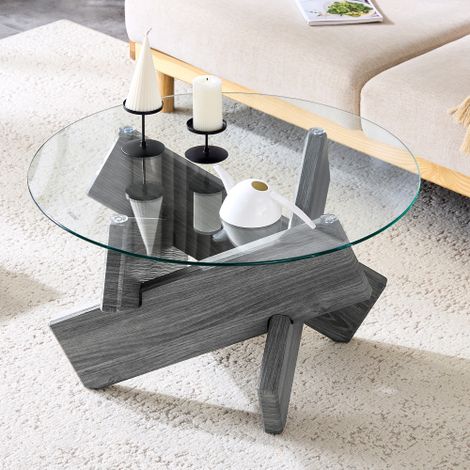 Runder Couchtisch Glas 79 cm, Couchtisch MDF Glas grau modern, Wohnzimmertisch Glas rund mit Kreuzgestell, 45 cm hoch