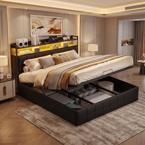 Lit Coffre 160x200 avec sommier LED et USB,Lit Double rembourré avec Rangement hydraulique,lit adult avec tête de lit avec rangement,sommier à lattes pour Adultes et Adolescents,PU,Noir (1/5)