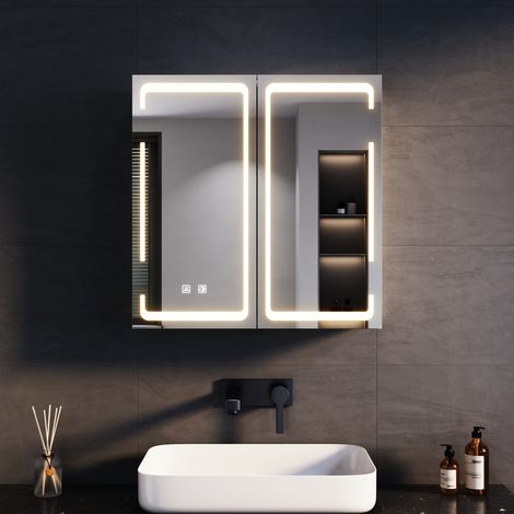 SONNI Armario de Baño con Espejo y LED Doble Puerta Mueble 59x60x14cm con Antivaho Iluminación Tricolor Armarios con Diseño de Bisagra Inalámbrica y Toma de Corriente (1/5)