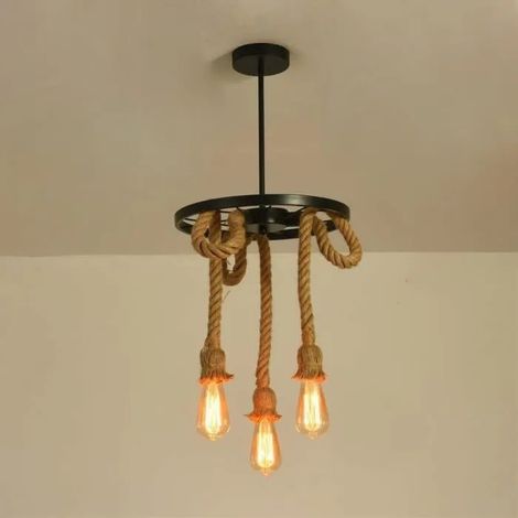 U-Do 3 Têtes Vintage Lustre Suspension en Corde de Chanvre Lampe en Fer Noir Lustre Brillant pour Cuisine Salon (1/4)