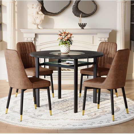 Set tavolo rotondo moderno 100 cm con 4 sedie in tessuto marrone e gambe in metallo nero (1/5)