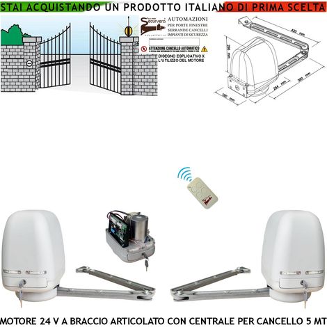 AUTOMAZIONE CANCELLO ELETTRICO 5 MT MOTORI BRACCIO ARTICOLATO CENTRALE 220/24 V 2 ANTE DA 0,5 A 2,5 MT RADIOCOMANDO RICAMBIO UNIVERSALE (1/4)