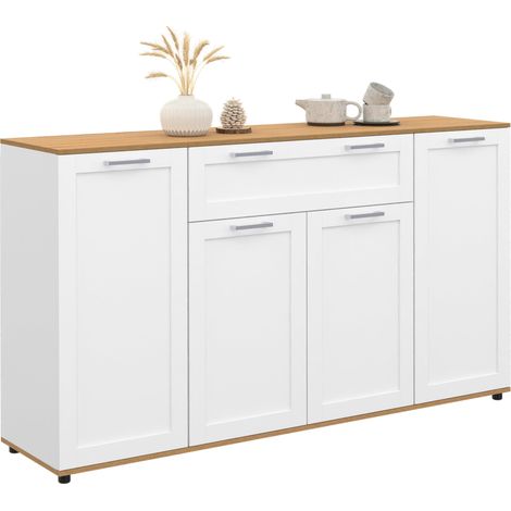 Idmarket – Buffet 140 cm 4 portes et 1 tiroir blanc et bois – Dimensions 140x34x80 cm – Structure en panneaux de particules – Style campagne chic