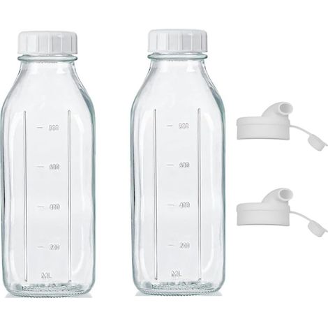Lot de 2 bouteilles de lait en verre transparent, étanches avec couvercles, réutilisables pour jus, boissons (1/5)