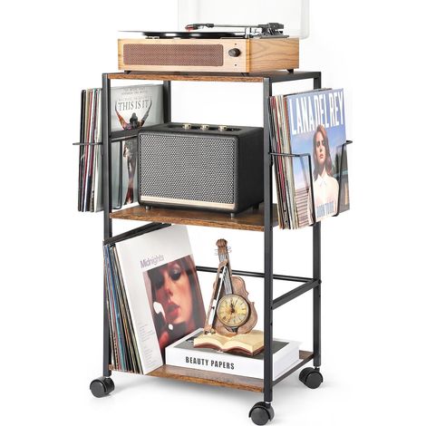 Rangement de disques vinyle, table d'appoint roulante avec support pour joueur, grande table d'appoint chariot jusqu'à 150 albums, support de plateau tournant avec 2 présentoirs (1/5)