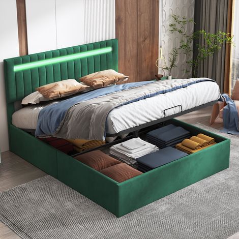 Doppelbett Polsterbett 160x200 cm, Kopfteil mit LED-Beleuchtung, Lattenrost, großer Stauraum, hydraulisches Bett, Metallgestell, skandinavisches Bett für Erwachsene, Grün (1/5)