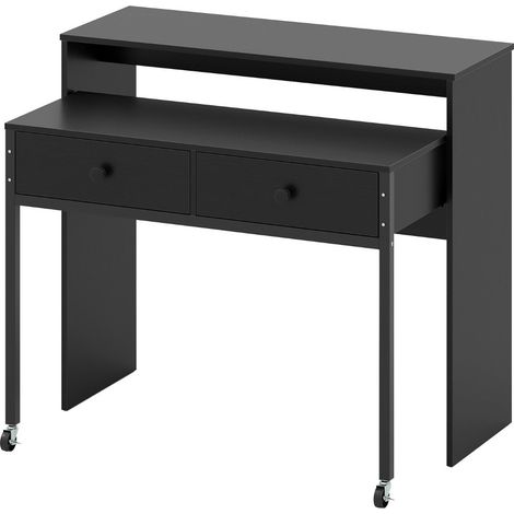 Bureau d'ordinateur rétractable 100 x 63 x 88 cm gain de place avec tiroirs et roulettes moderne en bois manufacturé noir