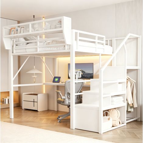 Cama alta de 140x200 cm con iluminación LED, escritorio integrado y estante ajustable, estructura de metal y MDF blanco. (1/5)