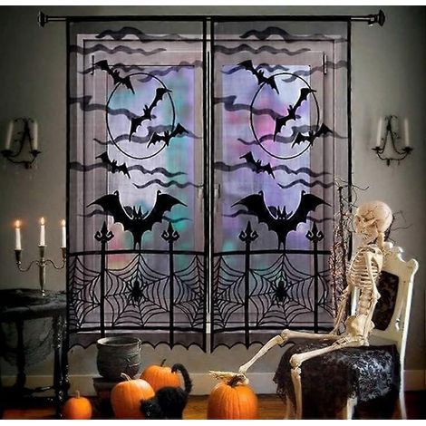Rideau en dentelle à motif de chauve-souris et toile d'araignée noire pour Halloween, décoration de porte effrayante pour une fête d'Halloween, décoration intérieure (40 x 84 pouces/101 x 213 cm) (1/5)