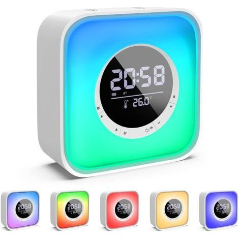Réveil Lumineux avec Enceinte Bluetooth avec Lampe de Chevet LED avec 10 Changements de Couleur, Réveil à Calendrier Numérique, Radio FM et Affichage de La Température,Enceinte sans Fil Recha (1/5)