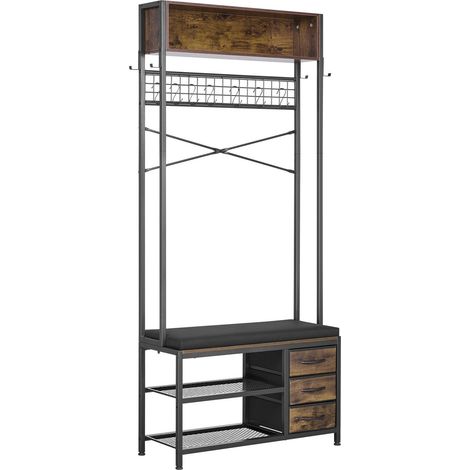Porte-manteau d'entrée 180 cm avec banc à chaussures et 3 tiroirs, meuble de rangement autoportant en acier pour hall et dressing (1/5)