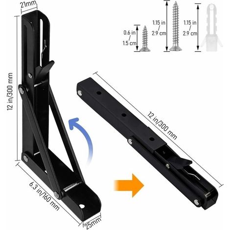 Set di 2 staffe per mensola da 300 mm, supporto per consolle pieghevole, staffe pieghevoli a parete in acciaio inox, capacità di carico 60 kg/132 libbre. (1/4)