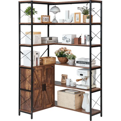 VEVOR Libreria Angolare a 6 Ripiani, Scaffale ad Angolo con Ante, Grande Libreria a L con Struttura in Metallo e Ripiani Regolabili, Scaffale Espositivo Reversibile per Casa e Ufficio