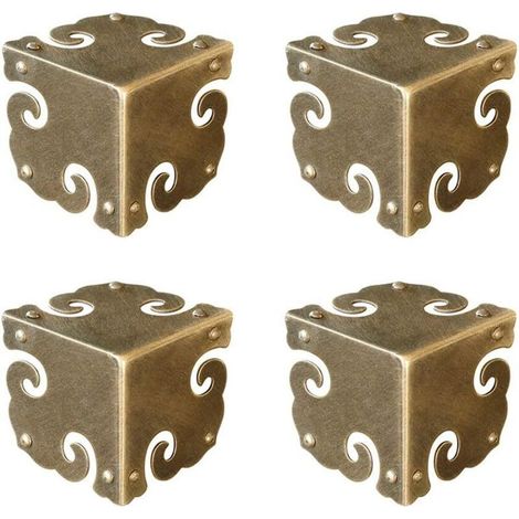 Lot de 4 protections d'angle vintage en laiton pur, pour bureau, boîte à bijoux, coffret cadeau, trois côtés (bronze antique) (1/5)