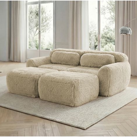 Sofá modular en caqui claro con 2 otomanas, sin montaje, en tejido peluche suave,204x179x73 cm (1/5)