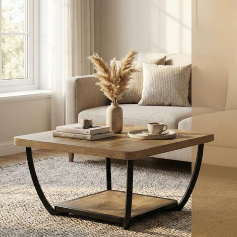 Tribesigns Coffee Table with Storage Shelves, 80cm Square Coffee Table 2-Tier Accent Center Table with Arc Metal Frame for Living Room, Brown & Black (1/5)