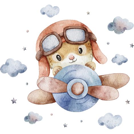 Papier peint panoramique Enfants - Lapin Aviateur - 130 cm x 87 cm (1/2)
