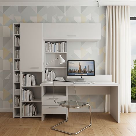 Angolo studio multifunzionale con libreria a profondità variabile e cassettiera integrata - Bianco