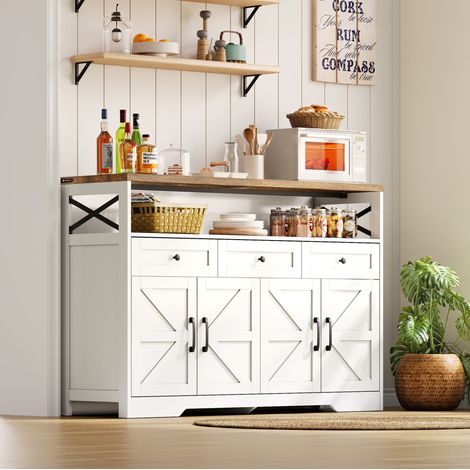 Credenza 140 x 35 x 95 cm con 3 cassetti, 2 ante e vani, MDF bianco e marrone DESVIAE (1/5)