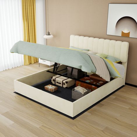 Lit rembourré moderne et minimaliste, 160x200 cm, beige, meuble de chambre multifonctionnel avec tête de lit douce et confortable, sommier coffre haut avec mécanisme de levage à gaz, matelas non inclu (1/5)