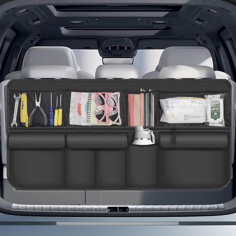 Rangement Voiture pour le Coffre -Organisateur de Coffre avec Scratch Autocollant Double Face, Pliable, Imperméable, Résistant à la Saleté avec 9 Poches, 105x51 Cm, pour SUV, Noir (1/5)