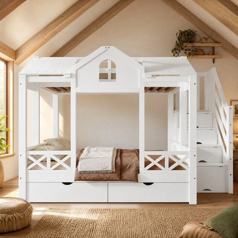 Kinder-Etagenbett 90x200 und 140x200 cm mit Stauraum, Weiß, HAVRYA (1/5)