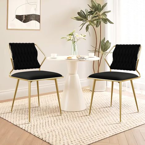 Set di 2 sedie, sedia da pranzo scandinava con schienale intrecciato e gambe in metallo dorato, velluto - Nero (1/5)