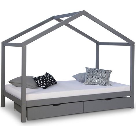 Cama cabaña infantil de madera gris con somier incluido 90x200 cm con cajones almacenaje LIT06191