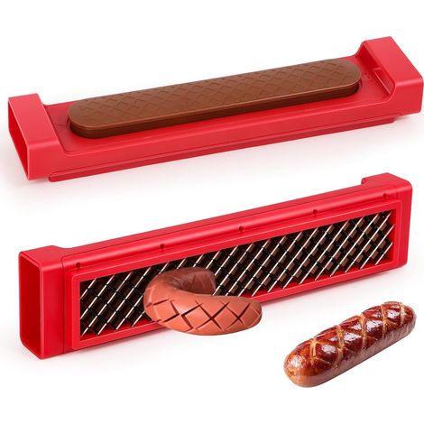 Hot Dog Slicer - Pop-Out Hot Dog Slicer Criss Cross,  Stainless Steel Blades,  Suitable for Cooking,  Grilling,  Tailgating,  Camping,  and Backyard BBQs - 11 inches - Red (1/5)