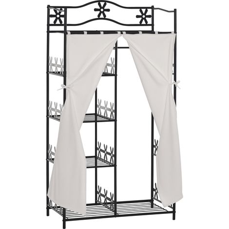 Armoire Chambre adulte Penderie Vêtement Dressing Multi Rangements 5 étagères 84L x 42l x 159H cm métal Noir 2 Rideaux Blanc