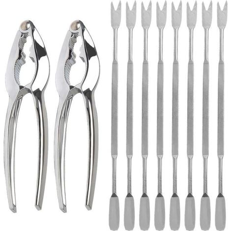 Set di 10 utensili per frutti di mare, composto da 2 chele di granchio e 8 forchette, schiaccianoci per granchi, aragoste e noci, tutti in acciaio inossidabile. (1/4)