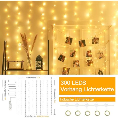 Lichtervorhang innen 3x3m, 300 LED Lichterkette außen warmweiß wasserdicht, USB Lichterketten Vorhang für Weihnachten Fenster Wand Zimmer Party Deko Gardine Balkon [Energieklasse F]