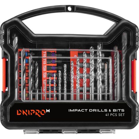 Dnipro-M Set de 41 Piezas Brocas y Puntas Impacto HSS - Metal Madera Hormigón, Puntas S2, Vasos Cr-V, con Maletín (1/3)