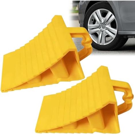 Lot de 2 cales de roue avec poignée - 190 x 110 x 110 mm - En plastique - Pour voiture, caravane, camping-car - Jaune (1/4)