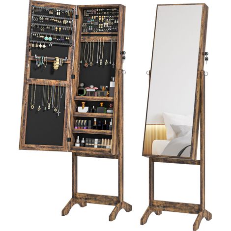HOMCOM espejo joyero de pie armario de joyería con 3 ángulos ajustables cerradura magnética con estantes ranuras 46x36,5x151,5 cm marrón rústico (1/5)