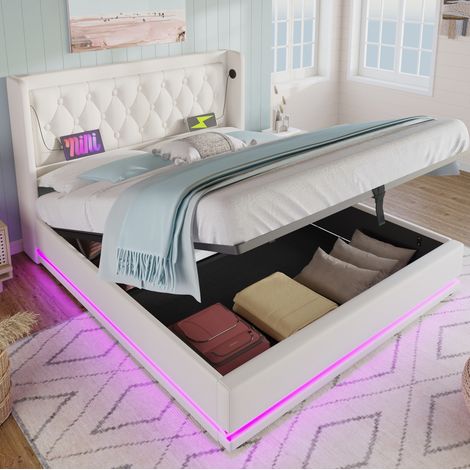 Cama doble tapizada 140x200 cm moderna en PU blanco con cabecero, arcón hidráulico, LED, USB-C y colchón (1/5)