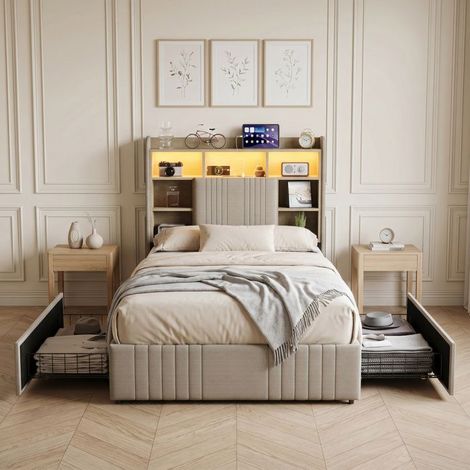 Letto singolo - 90x200 - Rete a doghe - Ripostigli integrati - Testiera con USB e LED (1/5)