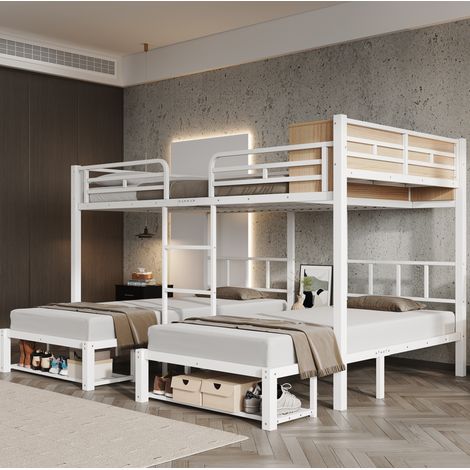 Lit superposé 239x208x161 cm blanc avec 3 couchages, étagère ouverte et range-chaussures (1/5)