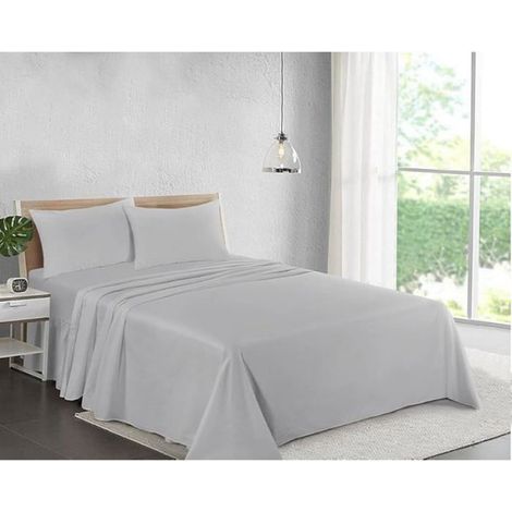 1 Drap plat, Coton, Infroissable, Gris, Grand lit (1/5)