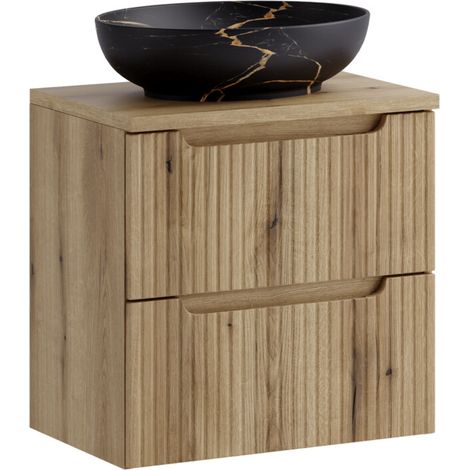 Meuble salle de bain suspendu 2 tiroirs NOVA Chêne naturel 60cm avec vasque noir doré MONA (1/5)