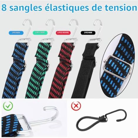 Tendeurs Elastique avec Crochets 8 pcs, 2M Plat Tendeur de Bagages, Réglables Tendeur Bagages, 2,5 Fois l'élasticité avec Doubles Crochets pour Transport de Bagages Voiture Moto Camping (1/4)