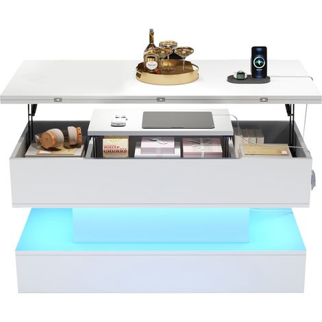 Table basse relevable avec rangement, LED, prises USB et Type‑C, plateau extensible 100 x 100 cm, blanche, en panneau de particules – CHICFURN (1/5)